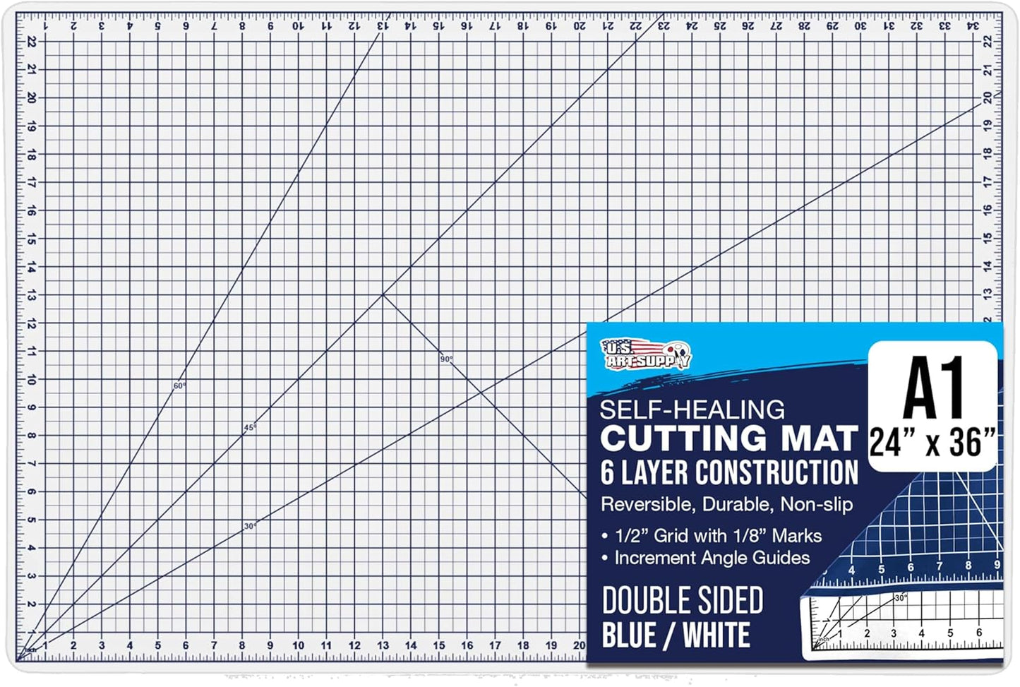 U.S. Art Supply 24" x 36" Self-Healing Cutting Mat 5-Ply - Double-Sided White/Blue Craft Mat, Non-Slip Cutting Mats for Crafts, Sewing, Quilting, Scrapbooking