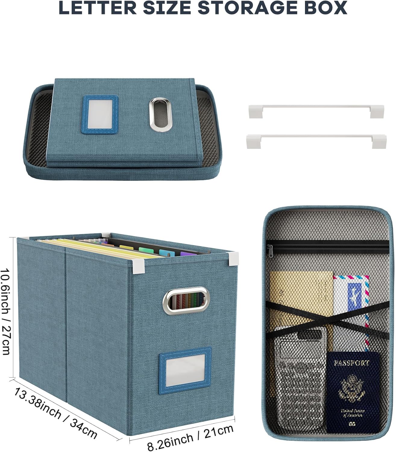 Oterri File Organizer with Lid, Hanging Filing Box with Mesh Pocket, Document Organizer for Letter Files, Portable Storage Box with Smooth Sliding Rail for Office&Home (2 PCS, Dark-blue)