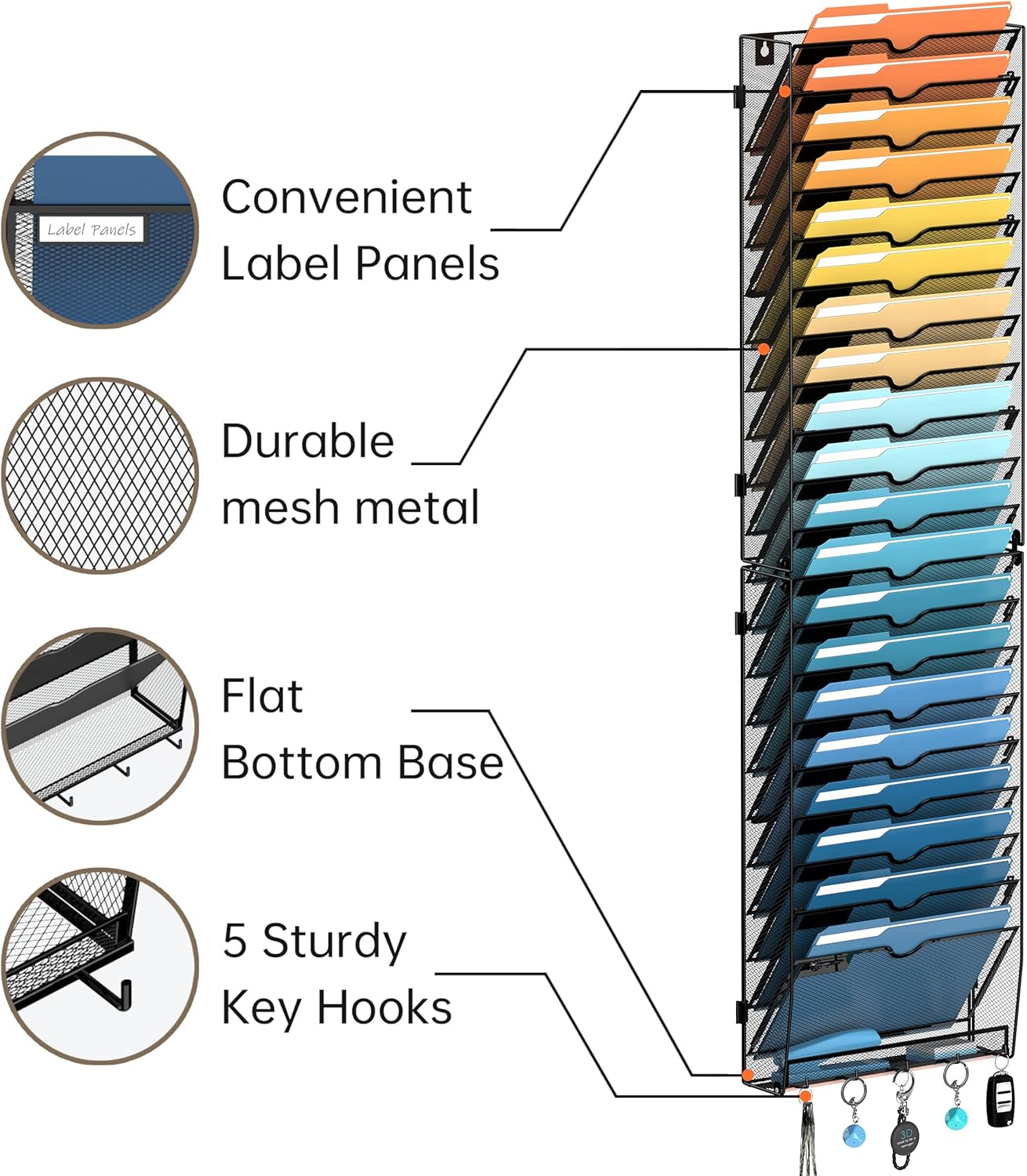 SUPEASY 21-Tier Wall File Holder Organizer with Hooks, Mesh Hanging File Organizer, Mail Organizer Wall Mounted for Papers, Folders, Office Magazine Rack, Assembly Needed, Black