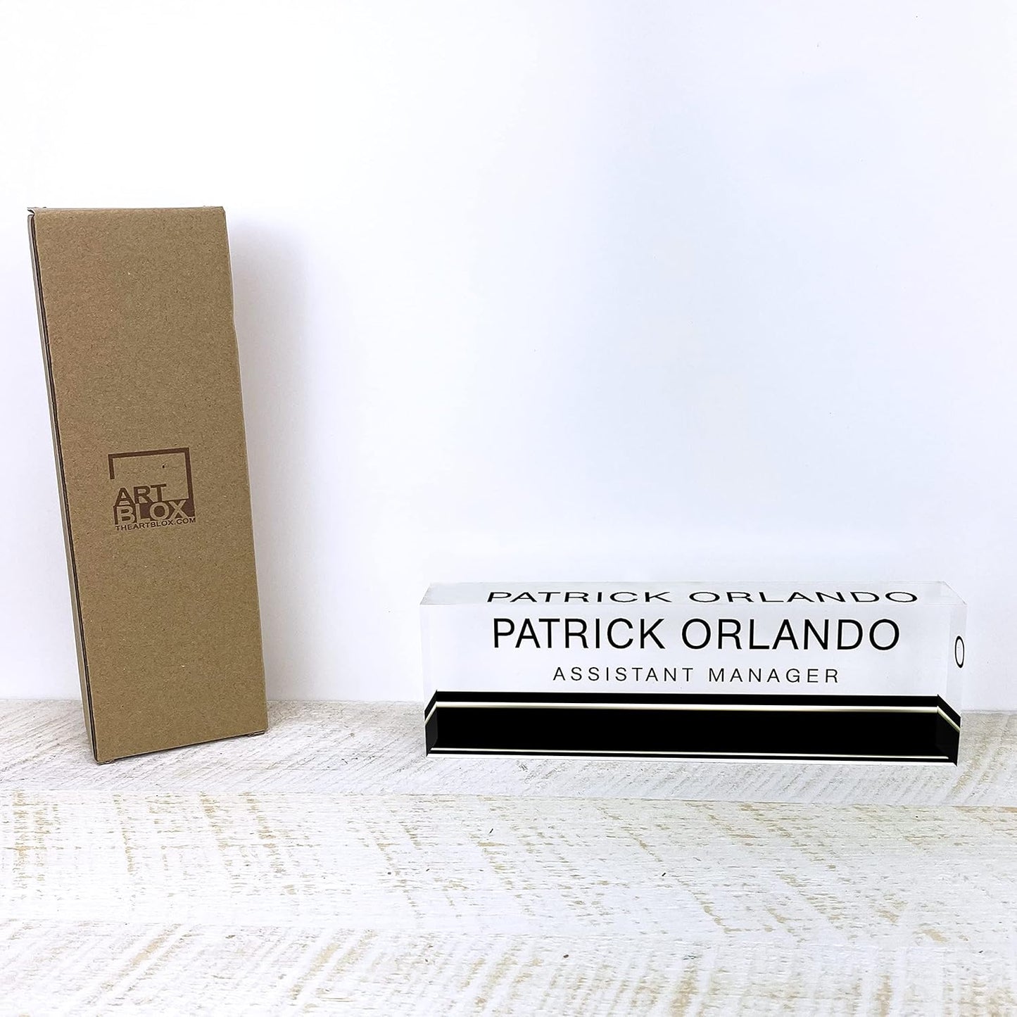 Artblox Office Desk Name Plate Personalized | Custom Name Plates for Desks on Acrylic Glass Decor | Office Desk Decor Nameplate | Desk Accessories | Black Stripe - (8" x 2.5")