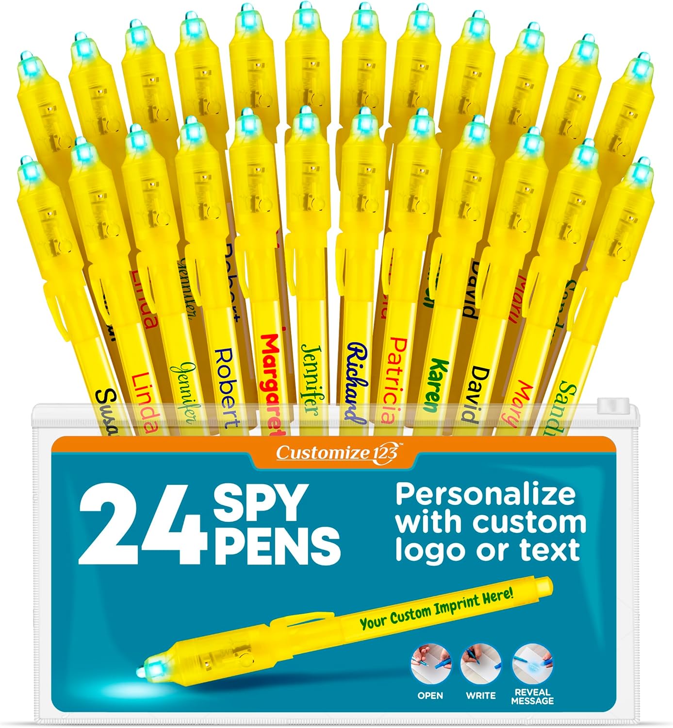 Personalized Invisible Disappearing Ink Pen Marker Pack, Custom Secret Spy Message Writer with UV Light, Fun for Kids Party Favors Gifts and Stock Stuffers, 24 Pack, Yellow