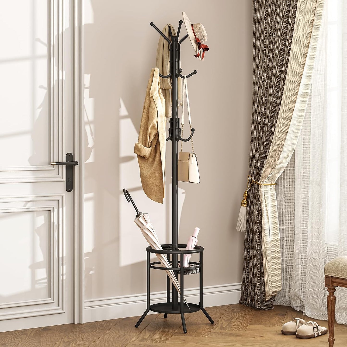 ELYKEN Coat Rack Freestanding, Metal Coat Rack Stand with Umbrella Holder, Modern Coat Tree with 12 Hooks, Floor Standing Corner Hall Tree for Entryway Living Room Bedroom Office, Black