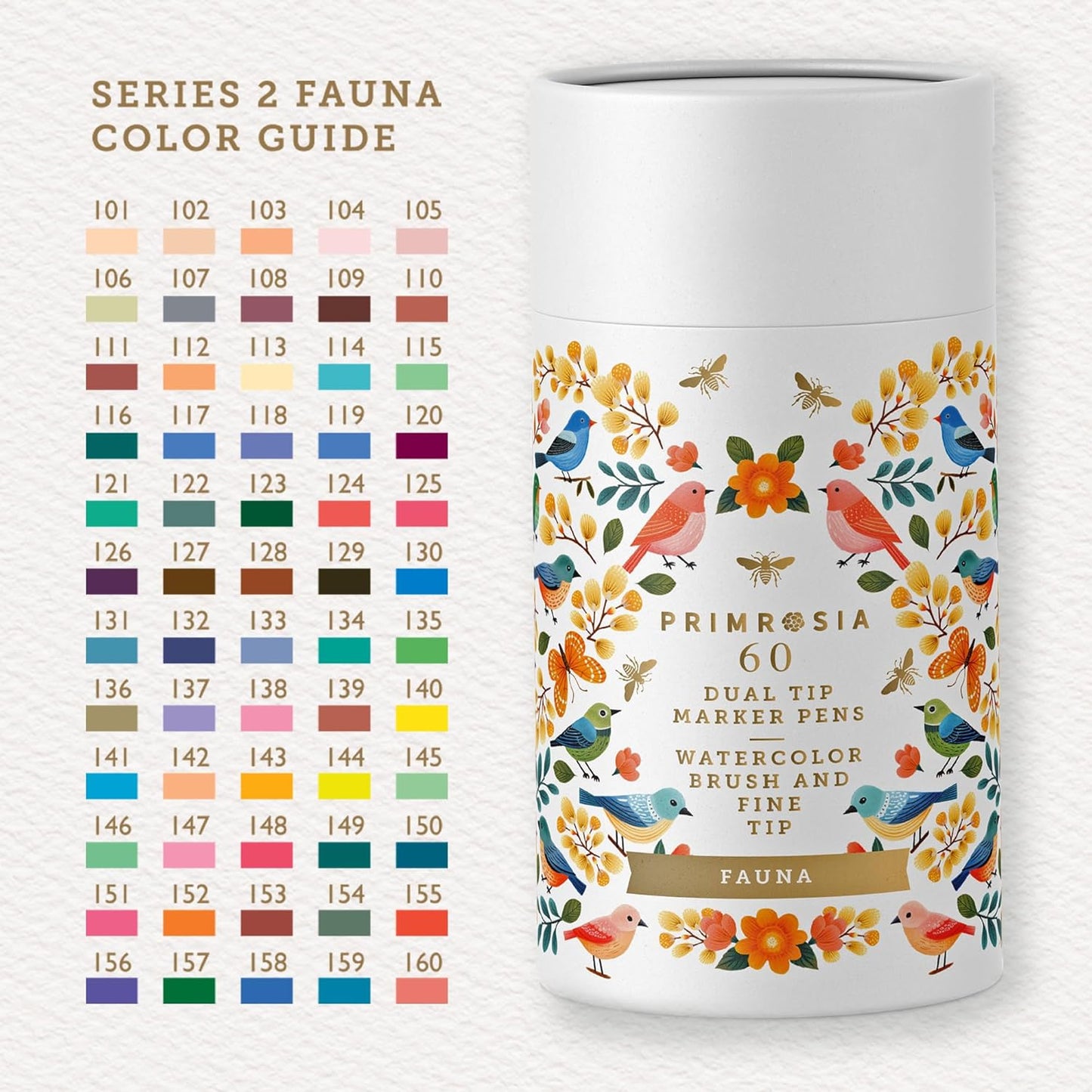 Primrosia Fauna - 60 Dual Tip Watercolor Brush and Fine Tip Pens. Marker Pens for Art Sketching Illustration Calligraphy Permanent Highlighter Bullet Journal Drawing Adult Coloring