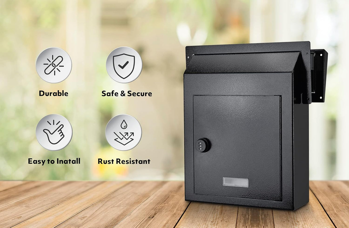 Rainproof Through The Door Key Drop Box, Galvanized Steel Heavy Duty Mailbox Safe Deposit Box, Locked Mail Drop Box with Combination Lock for Key and Payment, Black Mailbox