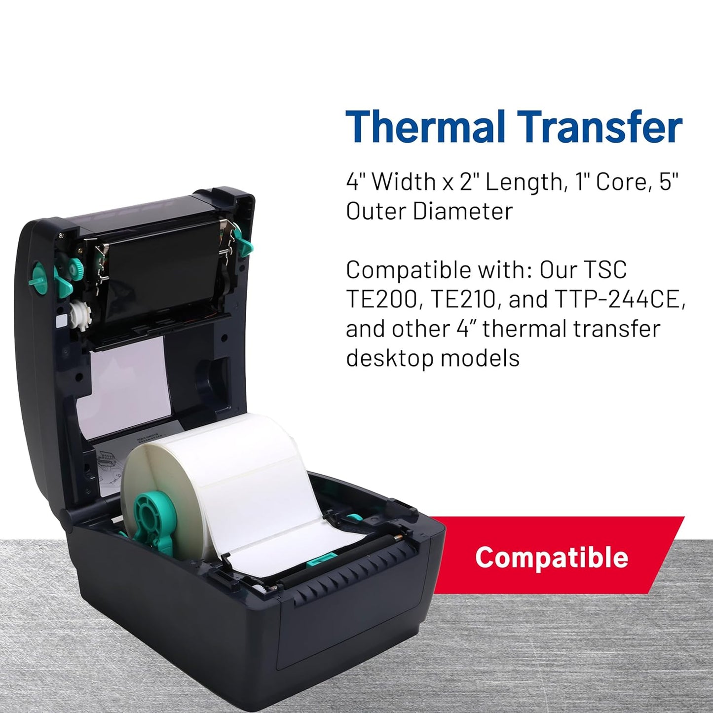 TSC Thermal Label Transfer Paper for Printers, Stickers and Labels for Postage, Receipts, Retail, Business, 4" Width x 2" Length, 1" Core, 5" Outer Diameter, White, 1250 Labels Per Roll, 4 Rolls
