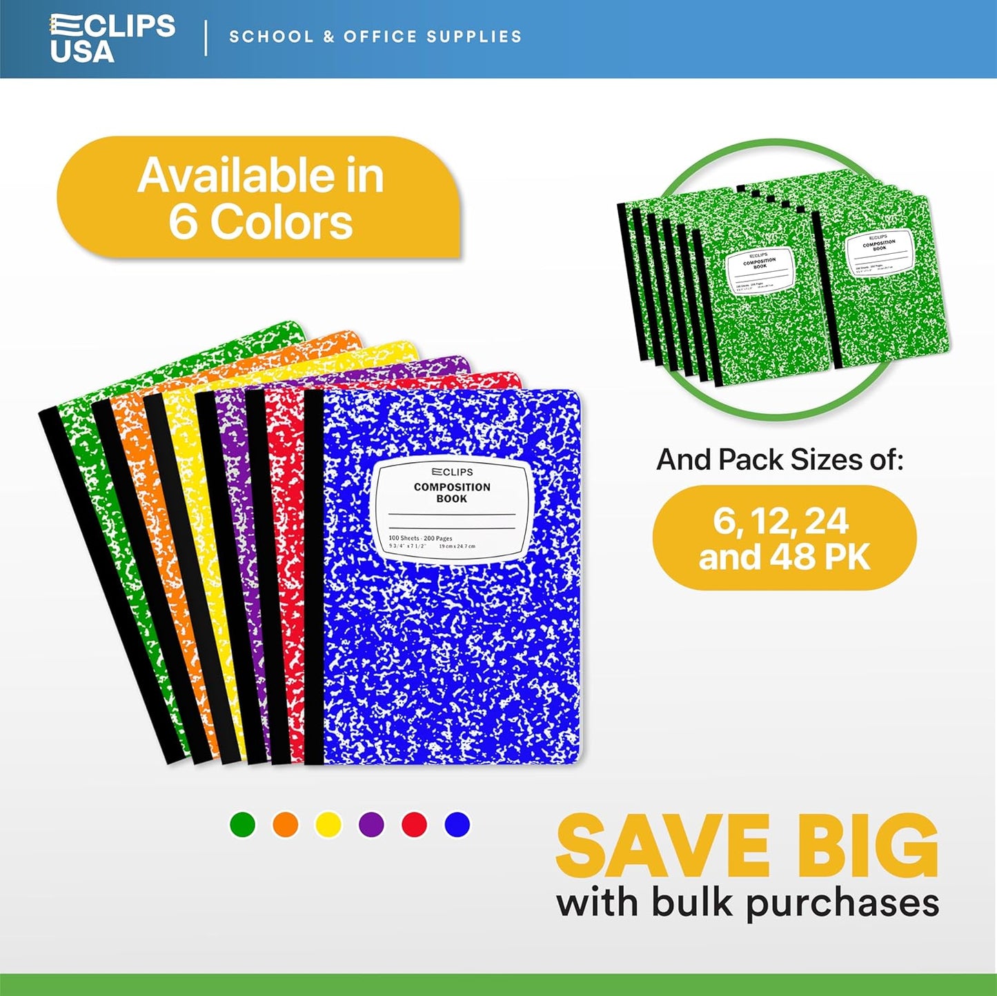 E-CLIPS USA Composition Notebooks, (6 Pack), Wide Ruled Composition Notebook, Marble Composition Notebook, 100 sheets, 200 Pages (6, Green)