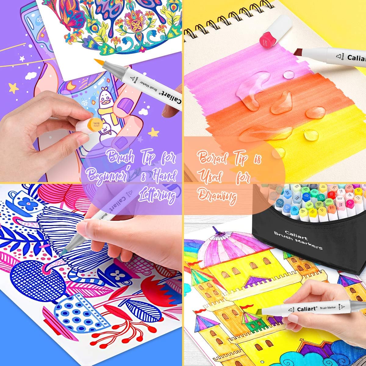 Caliart 168 Colors Brush & Chisel Alcohol Markers for Adult Coloring Book, Dual Tip Artist Sketch Art Markers, Aesthetic Cute Preppy Stuff School Supplies, Pens for Lettering Drawing Cards Planner