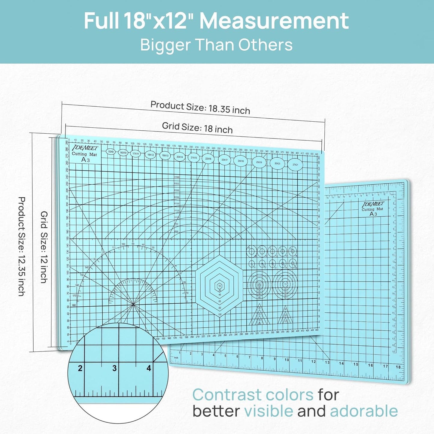 Full 18''x12'' Grid Size Self Healing Cutting Mat, A3 Rotary Cutting Sewing Mat, 5-Ply Double Sided Cutting Board for Crafts Sewing Quilting Hobby Fabric Precision Scrapbooking Project, Aqua Blue