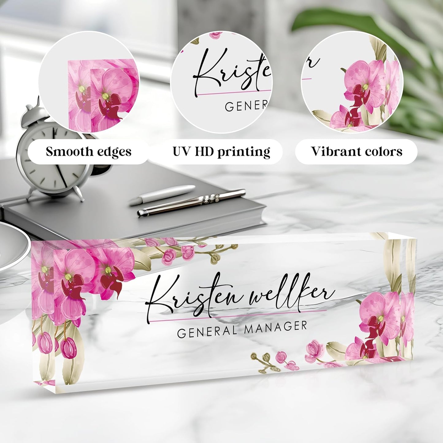 Personalized Desk Name Plate - Acrylic Accessory (Pink Butterfly Orchid)