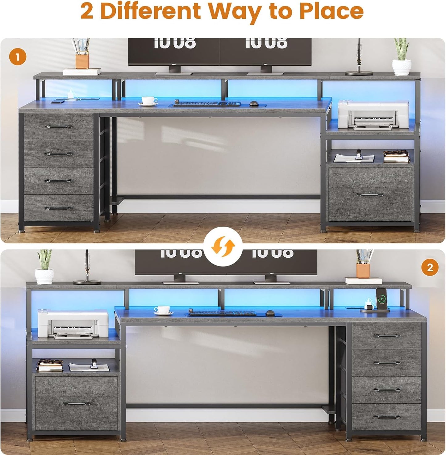 SEDETA 75'' Computer Desk with 5 Drawer, Power Outlet & Led Lights, Home Office Desk with File Drawer, Storage Shelves, Printer Cabinet and Monitor Shelf, 23.6" W Large Desktop Gaming Desk, Grey