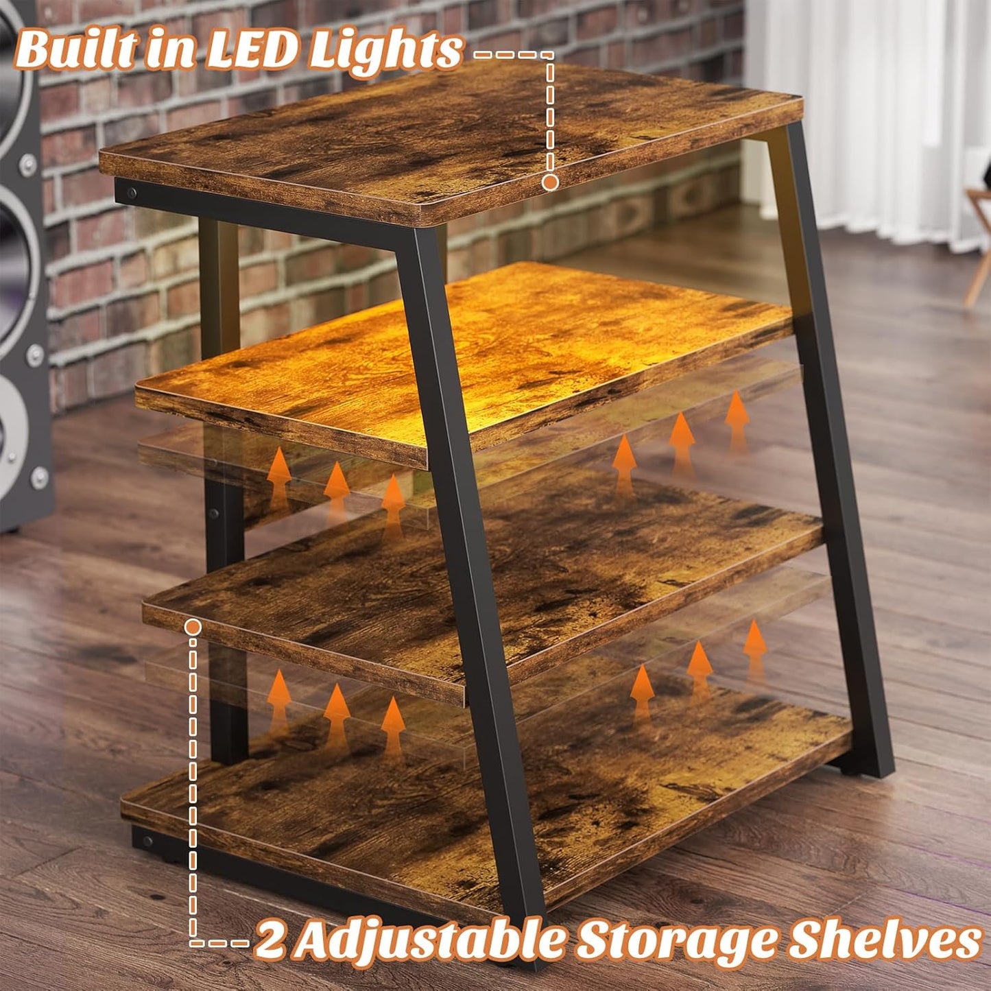 AV Media Stand with Outlets, Media Console with LED Lights, Stereo Racks and Stands with Storage Shelves, Media Audio Tower Cabinet, Rustic Brown