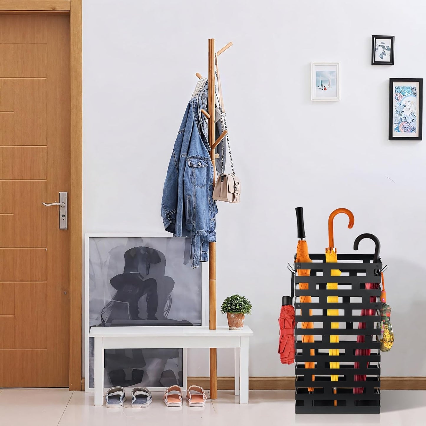 23 Inch Umbrella Holder for Indoor Entryway, Large Metal Umbrella Stand with Removable Water Tray and Hooks, Umbrella Rack Storage for Home, Office, Hotel