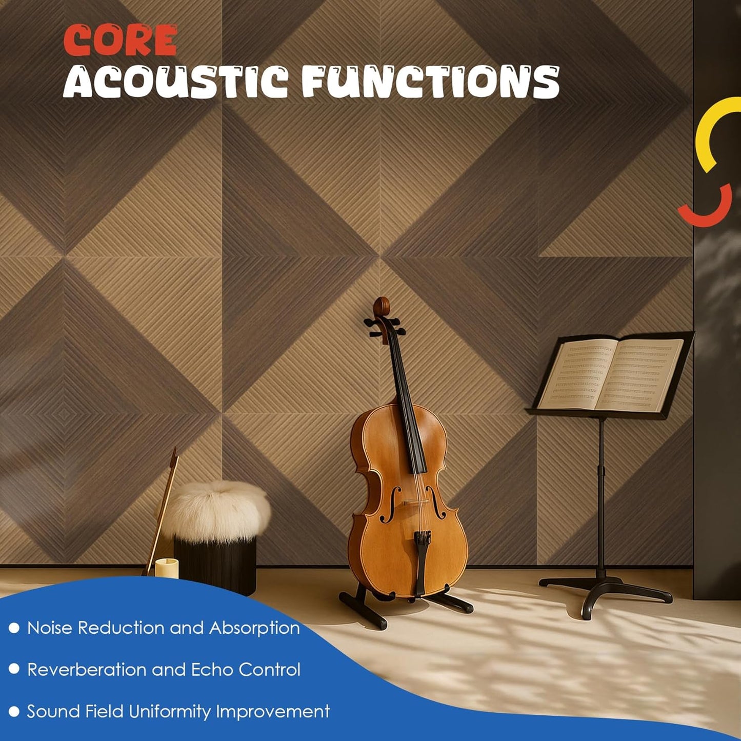Acoustic Panels 6 Pack, Soundproof Wall Panels 23.6 x 23.6 Inches, Large Decorative Sound Absorbing Panels,Self-Adhesive Acoustic Treatment for Home Studio Office,Deep SymmetryLuxe