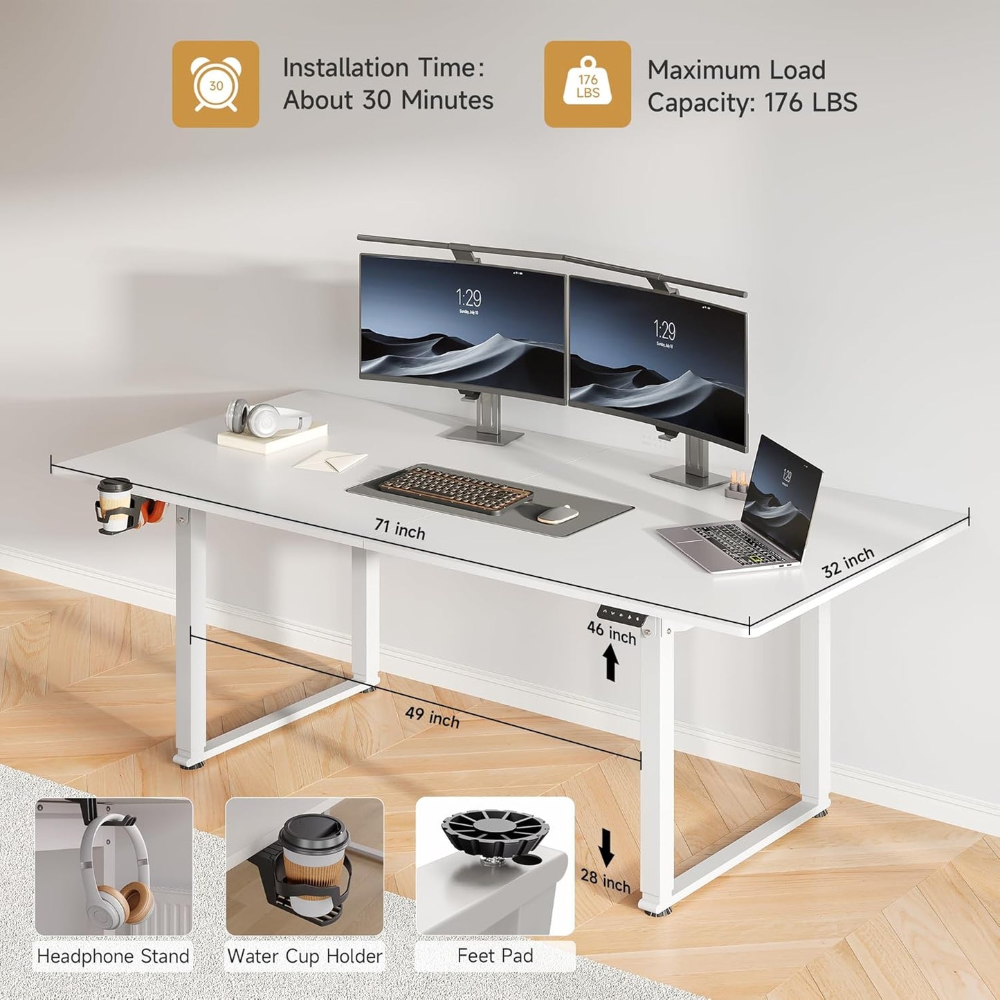 71x32 Inch Adjustable Standing Desk with 4 Legs, Stand-up Desk Features a Spacious Rectangular Top, Dual-Motor Lift, and Memory Presets (28-46Inch) for Home Offices or Computer Workstations, White