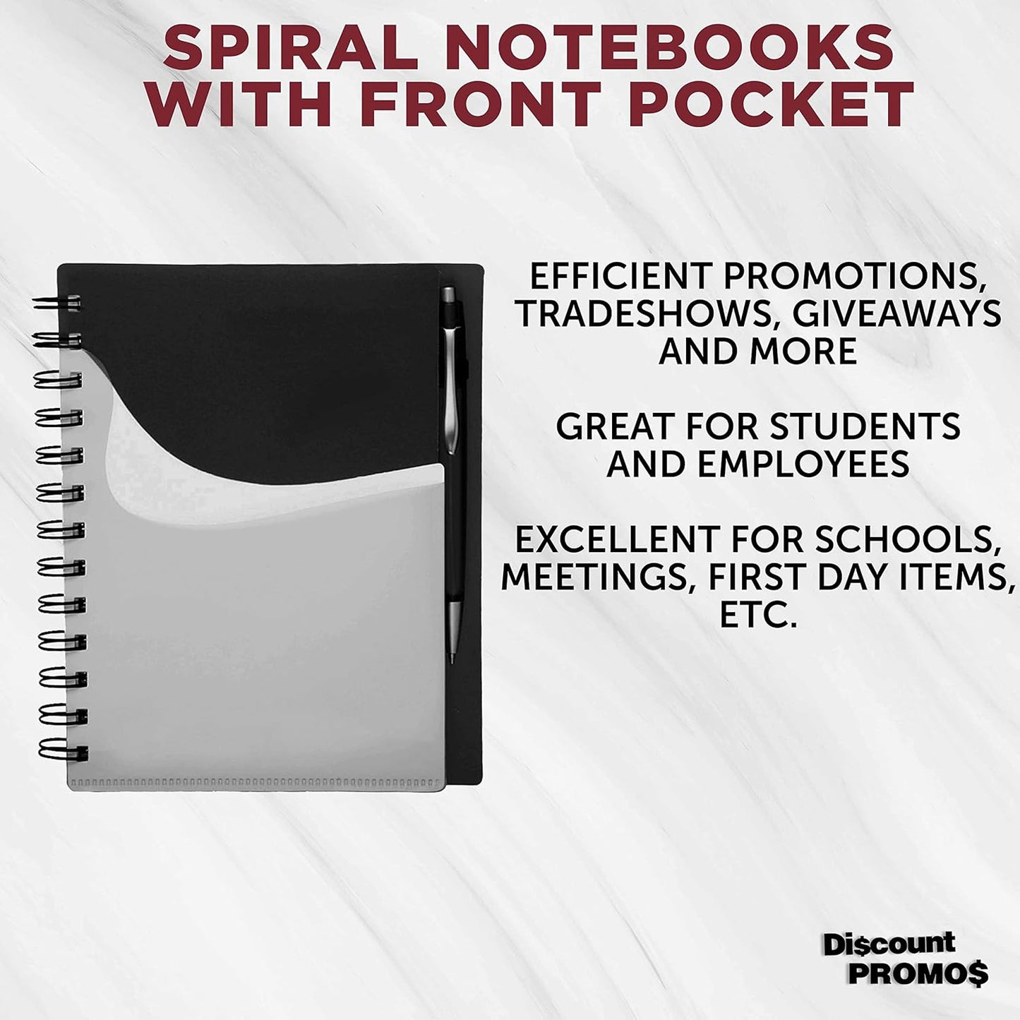 DISCOUNT PROMOS Spiral Notebooks with Front Pocket Set of 10, Bulk Pack - Durable Plastic Cover, Includes Matching Pen in Blank Ink, Perfect for School, Office, Home - Black