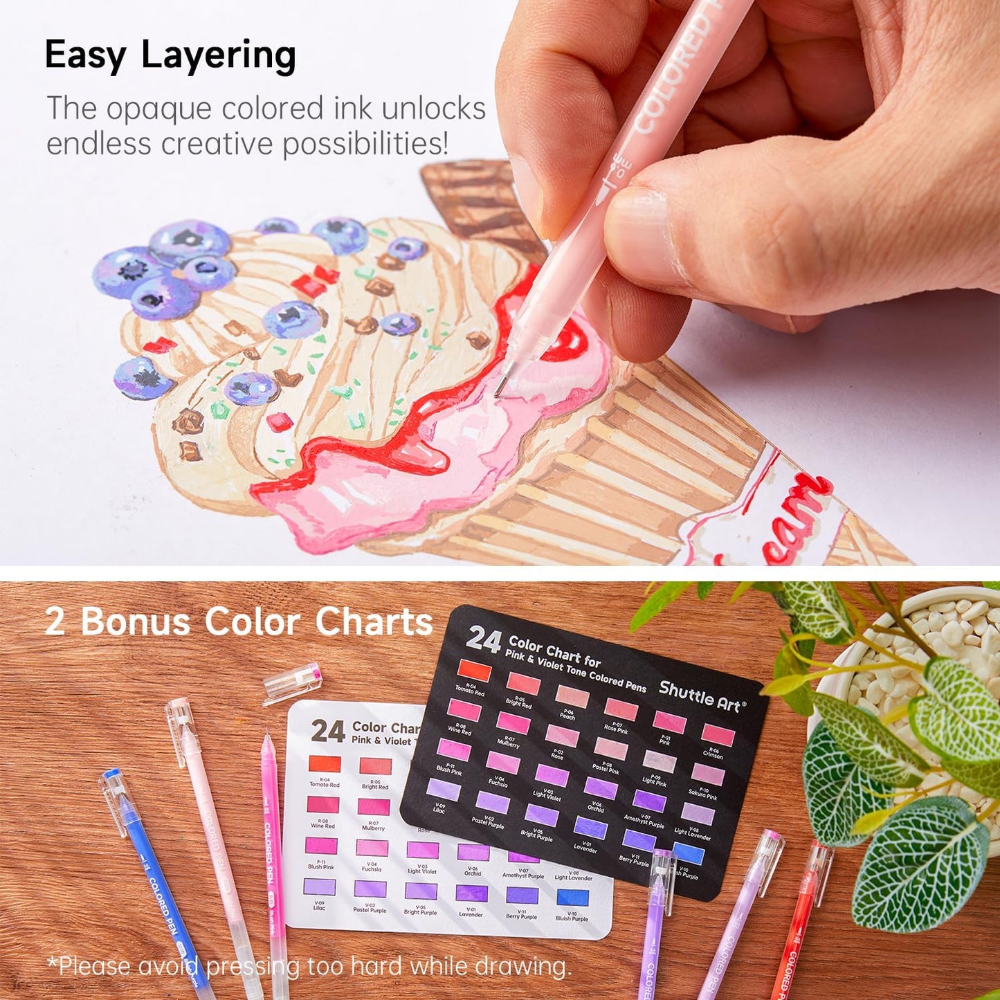 Shuttle Art Colored Pens, 24 Pink & Purple Tone Colors Cute Journal Pens 0.6mm Fine Point Colored Gel Pens for Black Paper Adult Coloring Writing Drawing Journaling Note Taking School Office Home