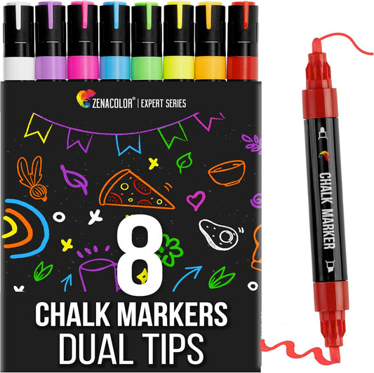 Zenacolor Liquid Chalk Markers - Dual Tips, 8 Vibrant Colors, Non-Toxic, Quick-Drying, Erasable for Blackboard, Windows, Glass, Cars - 24 Labels Included