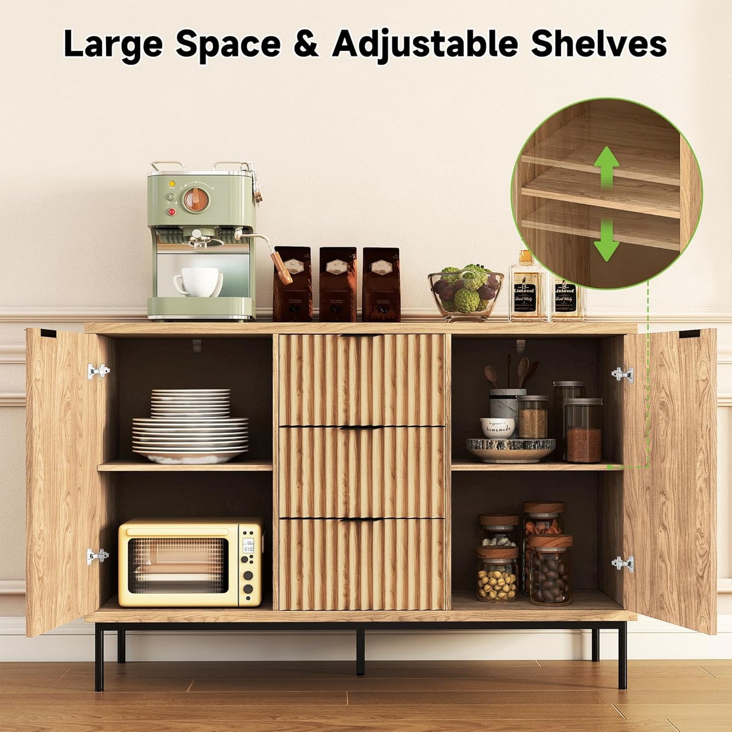 Real Relax Fluted Sideboard Cabinet, Sideboard Buffet Cabinet with Storage, Modern Credenza 2 Doors 3 Drawers, Coffee Bar Buffet Table for Dining Room, Kitchen, and Living Room, Oak