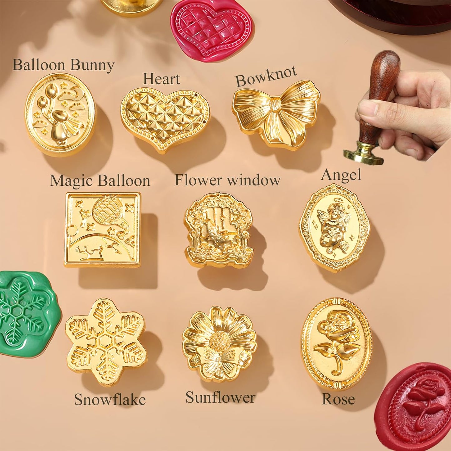 Wax Seal Stamp Kit- 9Pcs Vintage Brass Sealing Wax Stamps Head with Wooden Handle for Gift Wedding Invitations Cards Envelopes Seals(Heart,Bunny,Rose, Bowknot,Balloon,Sunflower,Angel,Snowflake,Window)