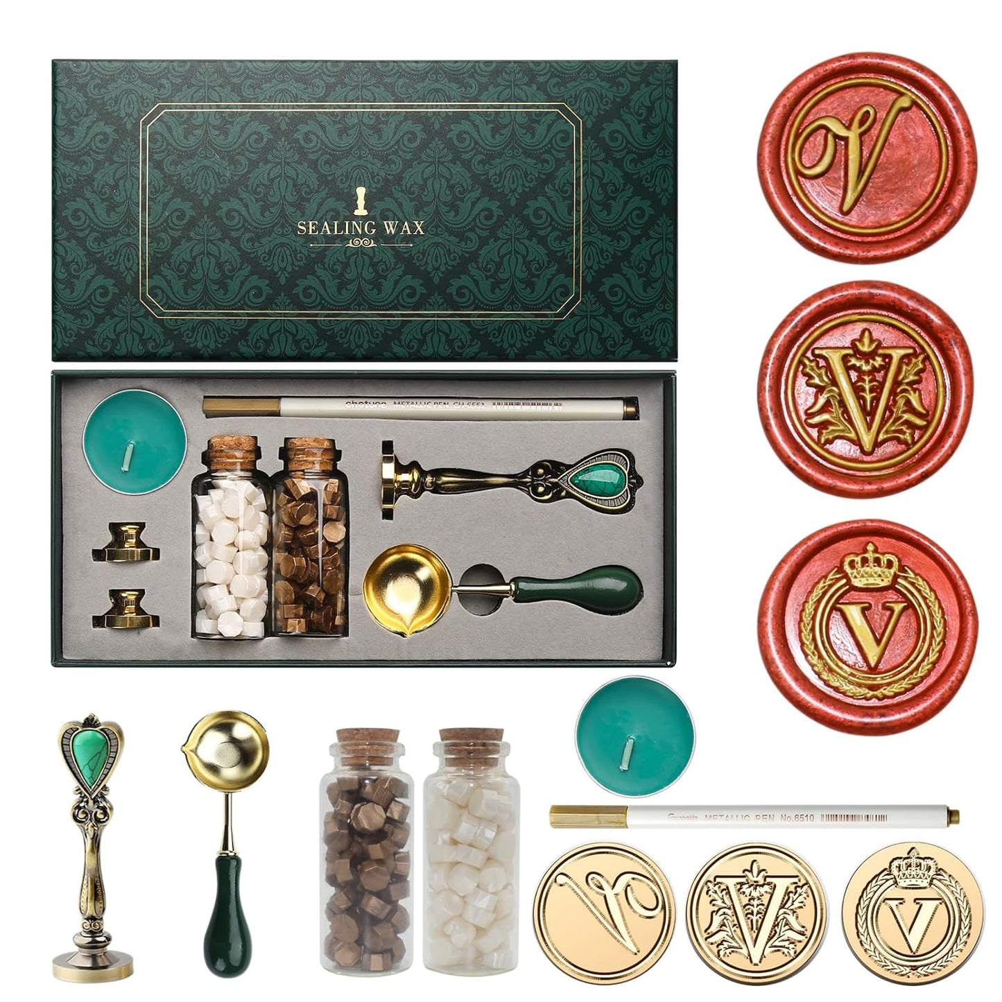 Letter Wax Seal Stamp Kit, Andotopee Wax Seal Kit Initial Alphabet V Sealing Wax Stamp Head 3pcs, Vintage Wax Stamp Seal Kit with Wax Seal Beads, Wax Seal Warmer Tools, Wax Seal Pen, Gift Box Set