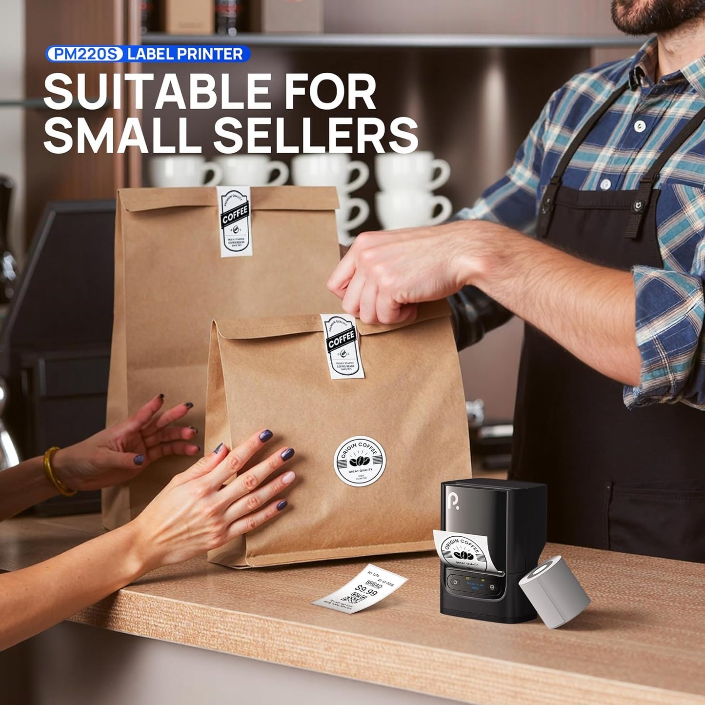 POLONO PM220S Label Maker Machine with Tape, Bluetooth Thermal Label Printer, Portable Sticker Printer,Chocolate Dark