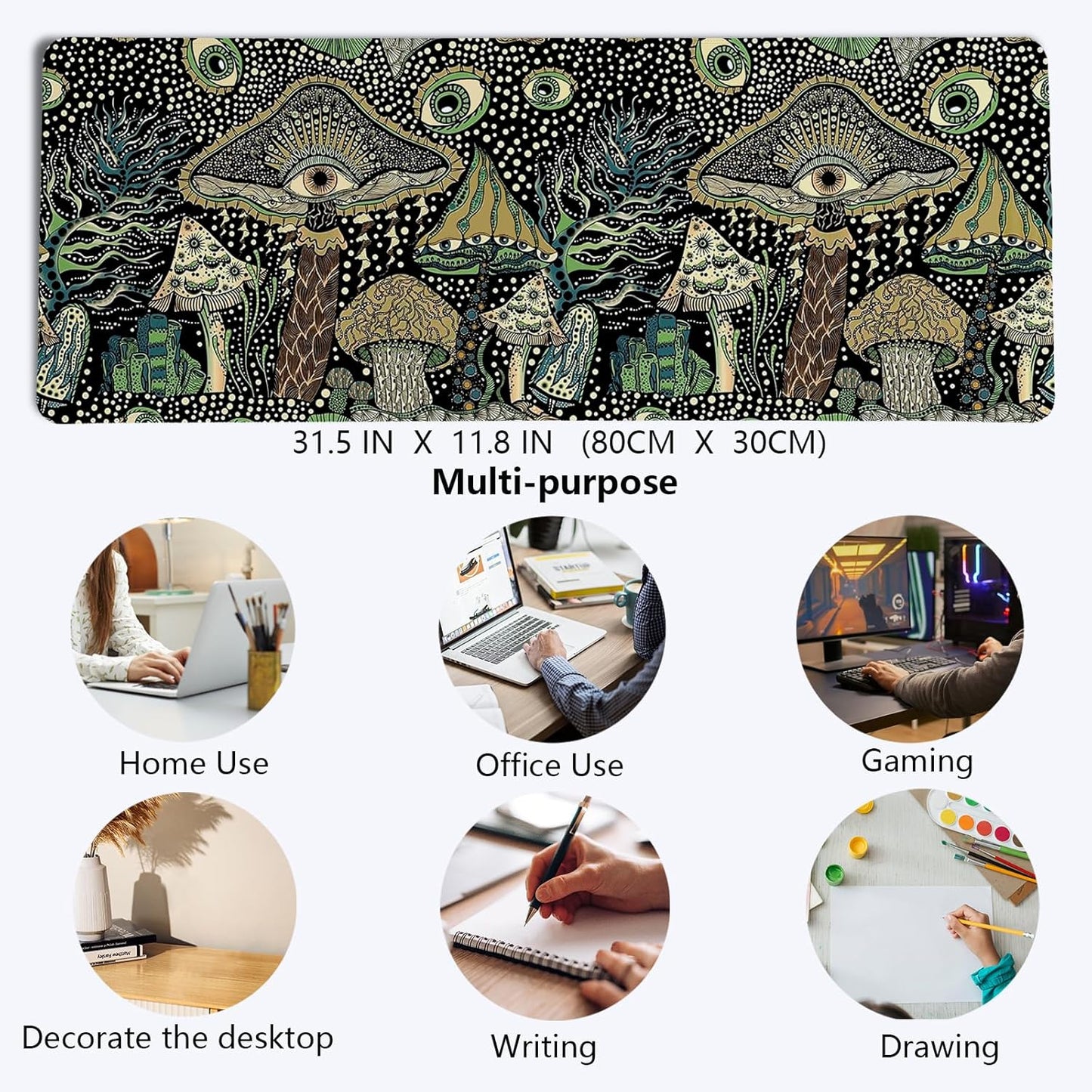 Boho Mushroom Floral Mouse Pad,Dark Green Cottagecore Mushrooms Desk Mat,XL Large Magic Vintage Boho Desk Mat,Summer Style Mouse Pads,for Dorm Home Office Desktop Decor Art,31.5x11.8 Inch