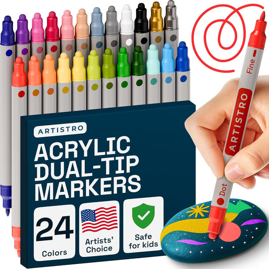 ARTISTRO Acrylic Paint Markers for Rock, Fabric, Wood, Glass, Craft - 24 Quick Dry Dual-Tip Paint Pens for Halloween Decorations - Pumpkin Painting Kit, Drawing Markers, Art Supplies, Christmas Gift