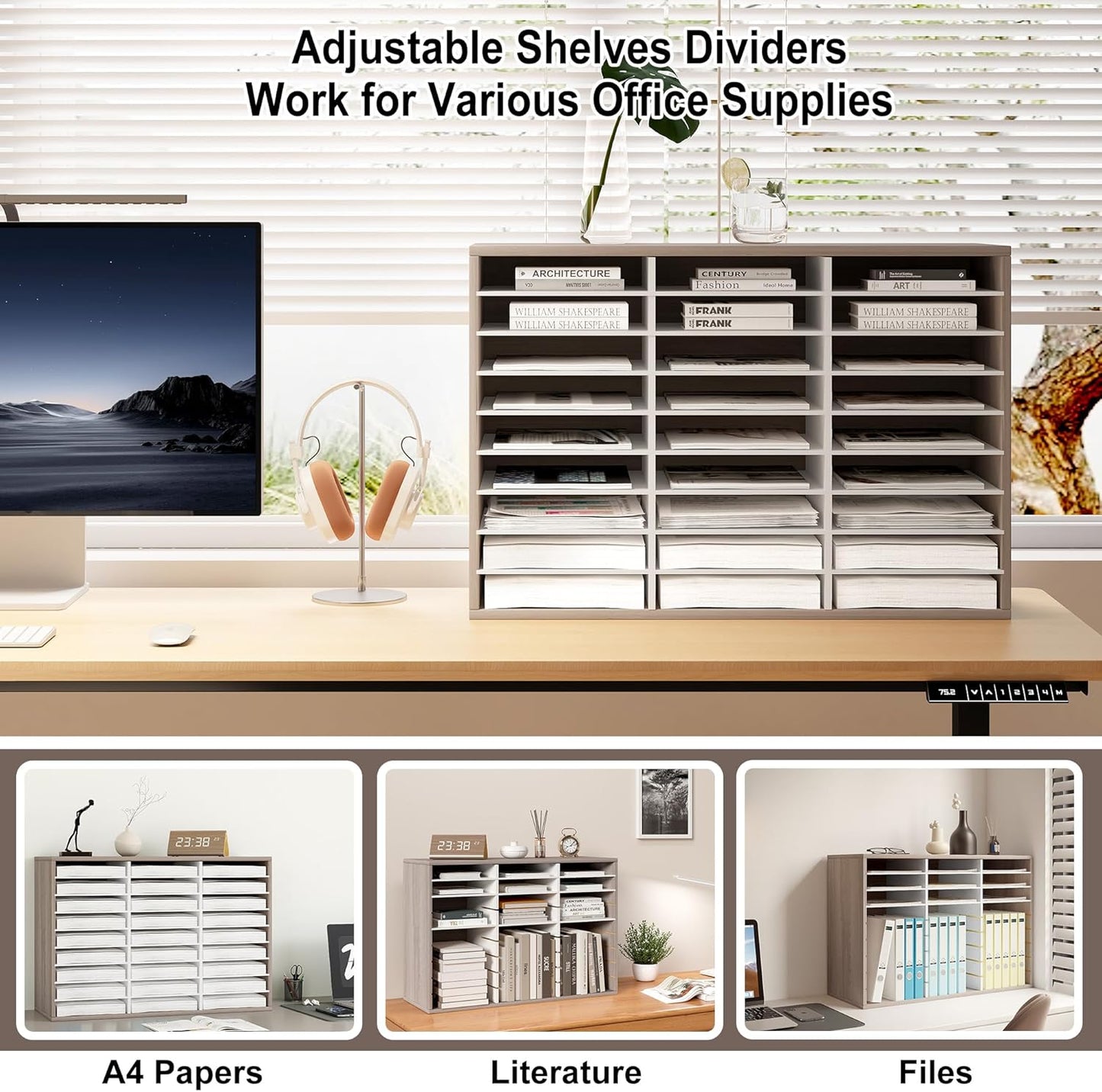 Mail Organizer Countertop, 27 Slots Wooden Desk File Literature Sorter, Adjustable Paper Storage Shelves Document Holder, Space Saving Desktop Mailbox for Office Classroom, Retro Grey/White