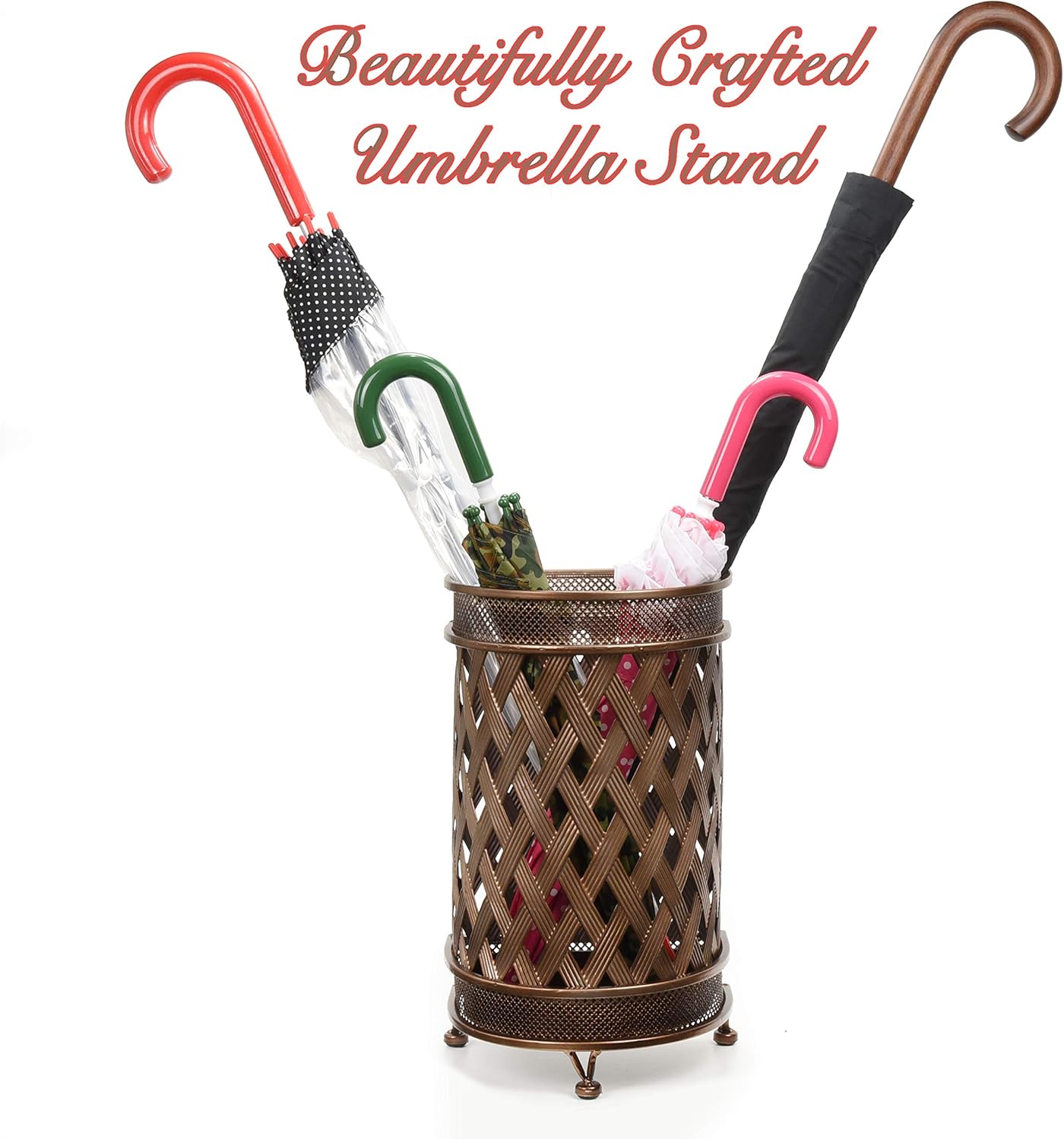 Dualplex Umbrella Stand, Umbrella Holder, Antique Look Metal Entry Hallway Décor, Wallside Style w/Removable Drip Tray. Rack Holds Umbrellas Canes Walking Stick