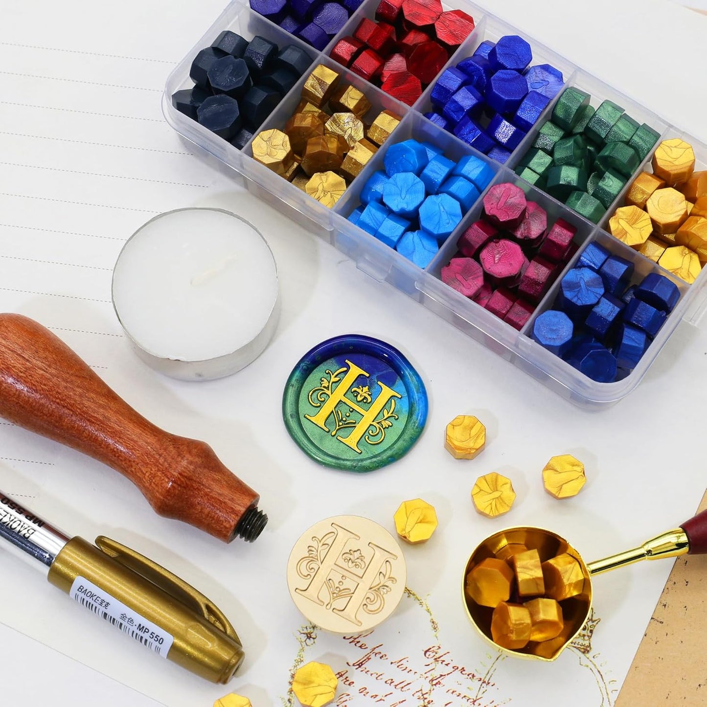 SWANGSA Initial Alphabet H Wax Seal Stamp Kit, Classic Retro Letter Sealing Stamp with 200pcs Sealing Wax Beads Kit for Wedding Invitations Cards Envelopes (H)