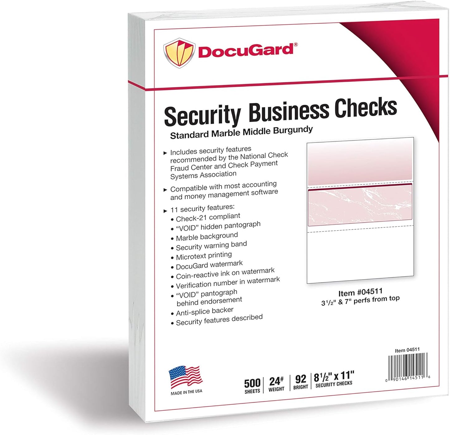 DocuGard Standard Burgundy Marble Middle High Security Check Paper - Laser/Inkjet Printer Compatible - 11 Security Features - 500 Blank Business Checks (04511)
