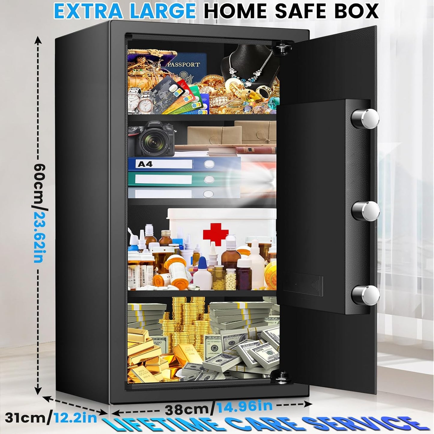 4.3 Cuft Large Home Safe, Safe Box with Fireproof Waterproof Bag, Anti-theft Digital safety Box with Programmable Keypad Keys, Smart Alert, Mute Mode, Security Safes for Documents Valuables