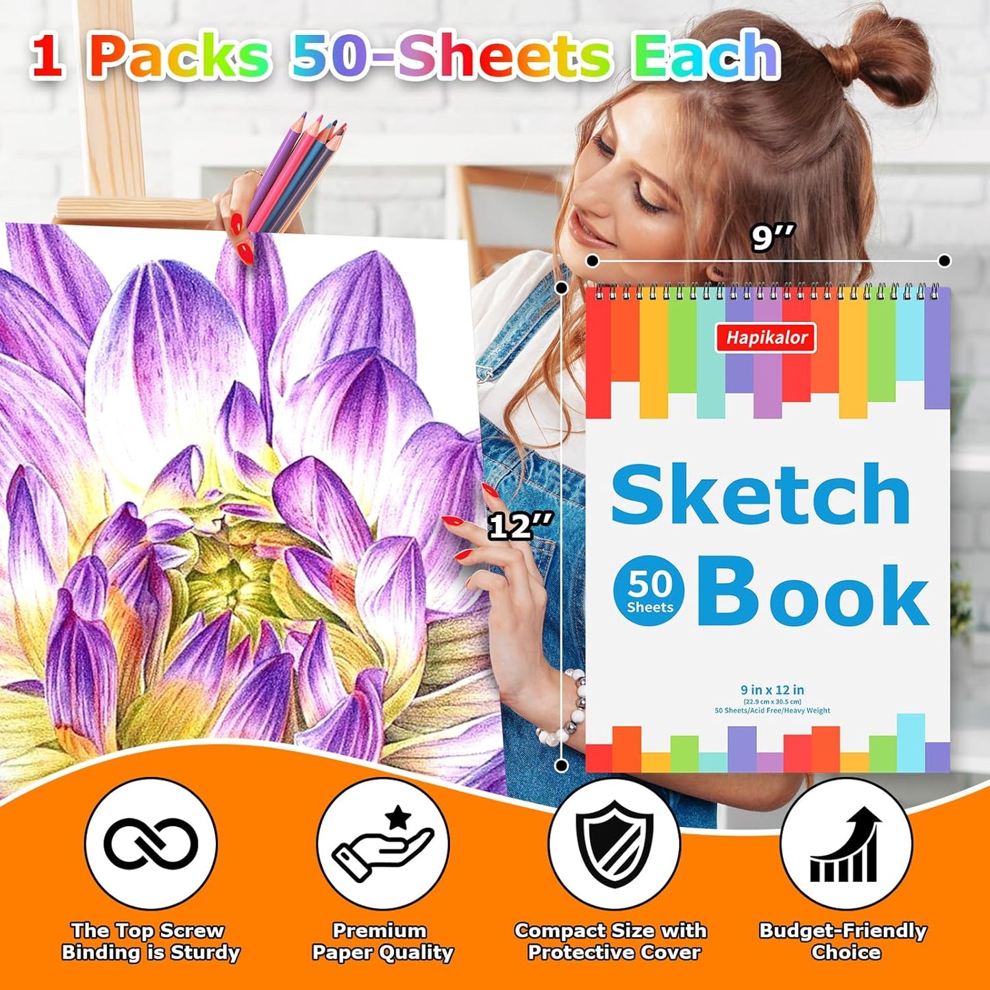 9" x 12" Sketch Book for Kids Adults, 1-Pack 50 Sheets Spiral Bound Art Sketchbook, Acid Free Artist Drawing Paper Pad for Beginners Artists, Kids Travel Essentials, Gifts for 6-14 Year Old Girl