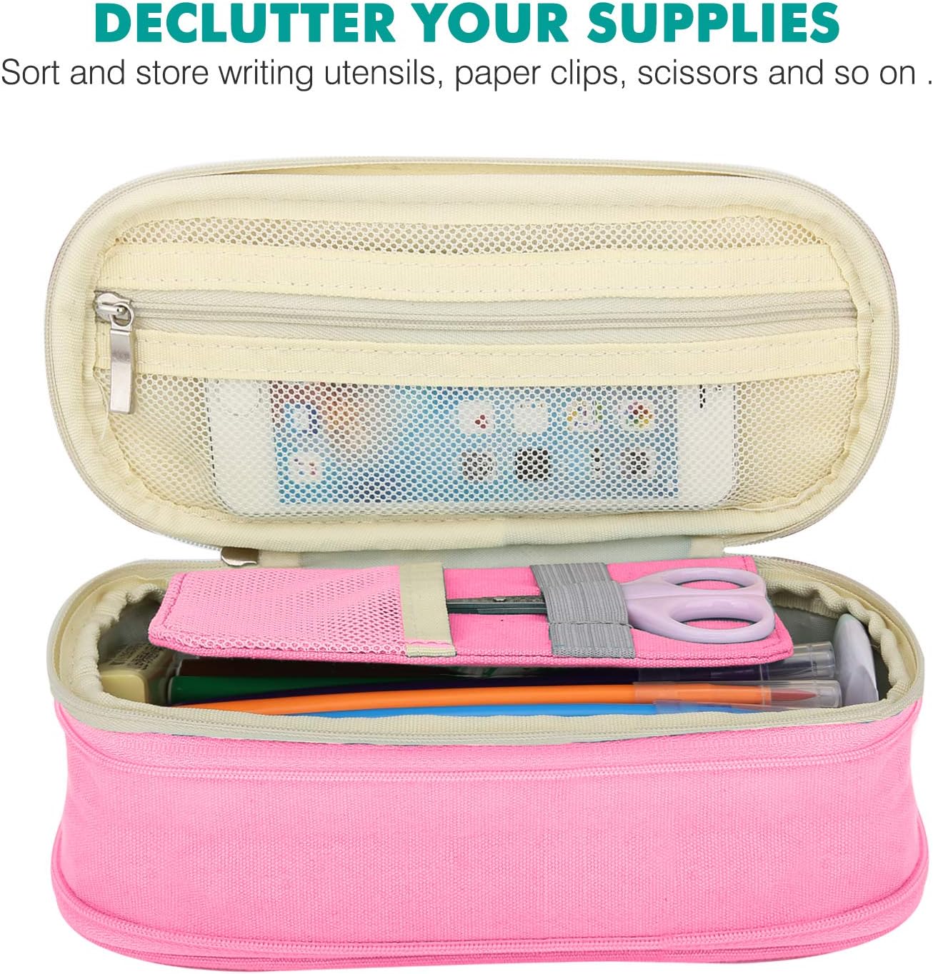 MoKo Large Capacity Pencil Pen Case, Big Capacity Storage Bag Pouch Box, Stationery Organizer with Zippers for Office/School Supplies - Beige & Pink
