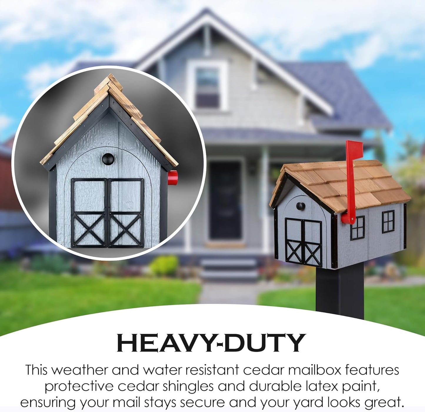 Peaceful Classics Amish Cedar Roof Wooden Mailbox with Window & Door Trim, Handcrafted Mailboxes for Outside, Post Mount Residential Mailboxes - (Navy with White Trim)