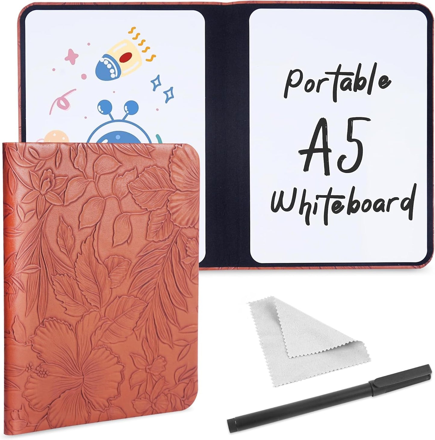 Portable Small White Board Dry Erase Board, Reusable 9.5 * 6.6in Notebook Memo, Office Home Supplies Desk Accessories(1-Carved Brown)
