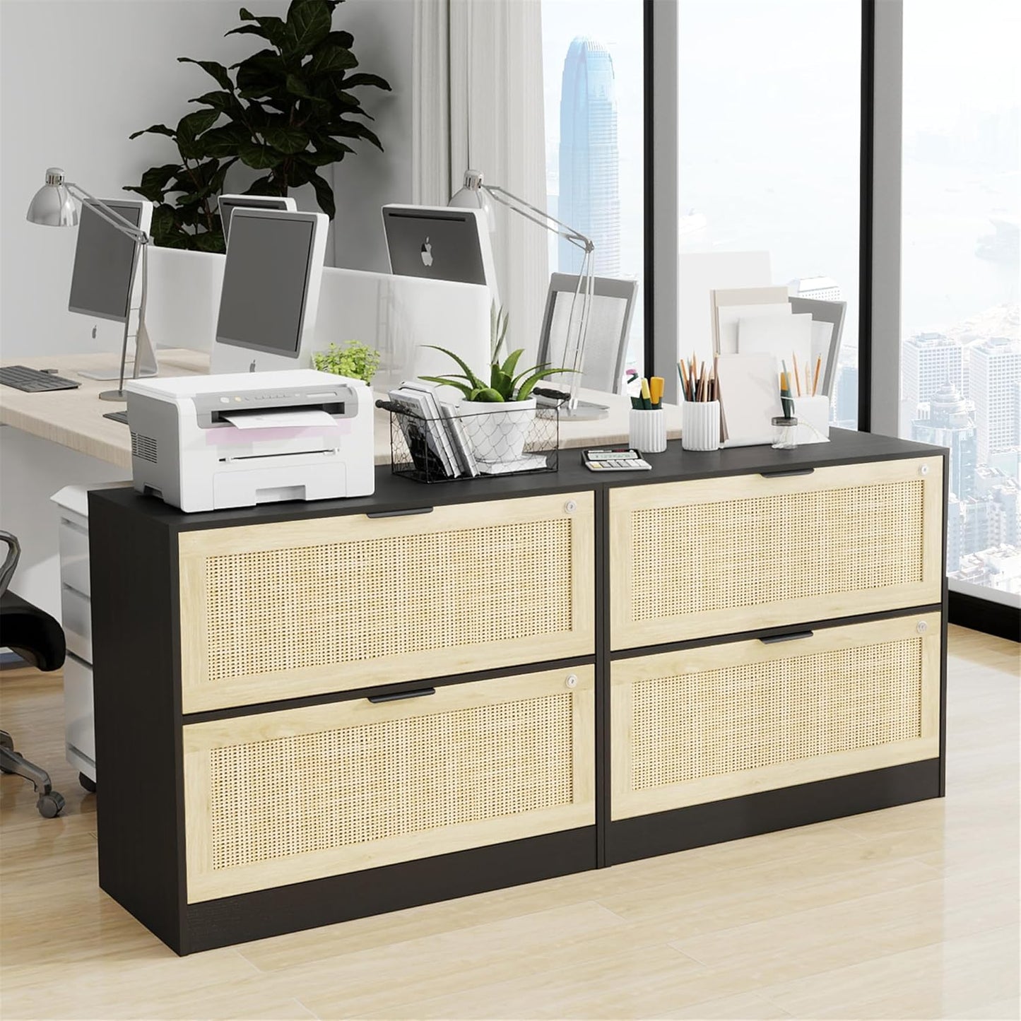 HOPUBUY 2 Drawer File Cabinet with Lock, Printer Stand Lateral Filing Cabinets for Home Office and School, Wood Rattan File Cabinet for Hanging Files/Letter/Legal/A4/F4 Size, Black