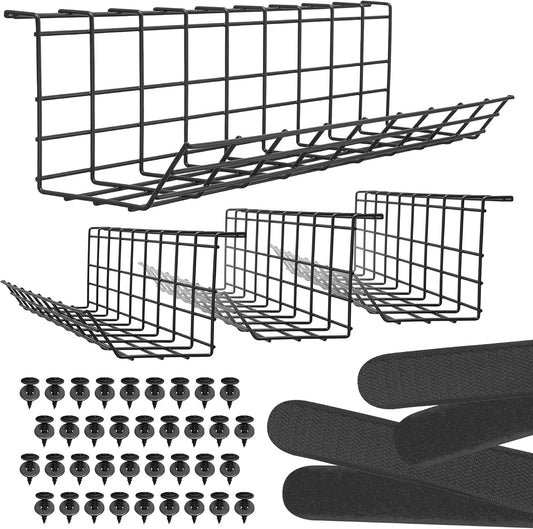 Under Desk Cable Tray, Cord Organizer for Wire, Cord Management, Under Desk, Wire Holders - Black Tray - Set of 4X 17
