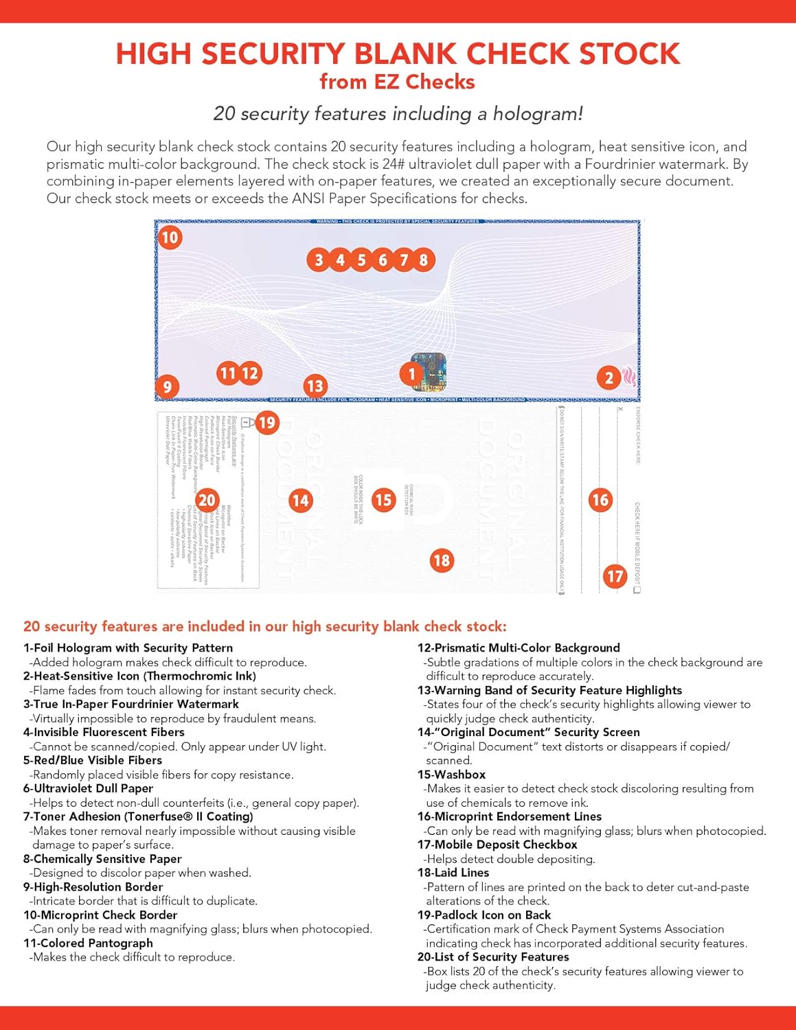 EZ Checks Premium High Security Check Paper with Hologram & 20 Security Features | 500 Sheets (Purple/Yellow, Check at Top)