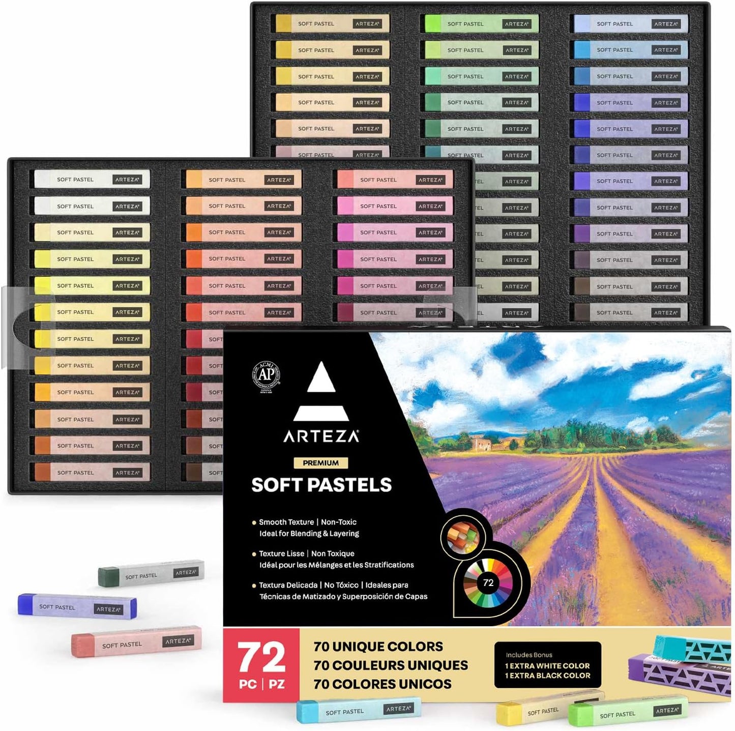 ARTEZA Soft Pastels for Artists, Set of 72 Chalk Pastels for Artists Sticks, Chalk Crayons Art Supplies for Drawing, Blending, Layering, and Shading
