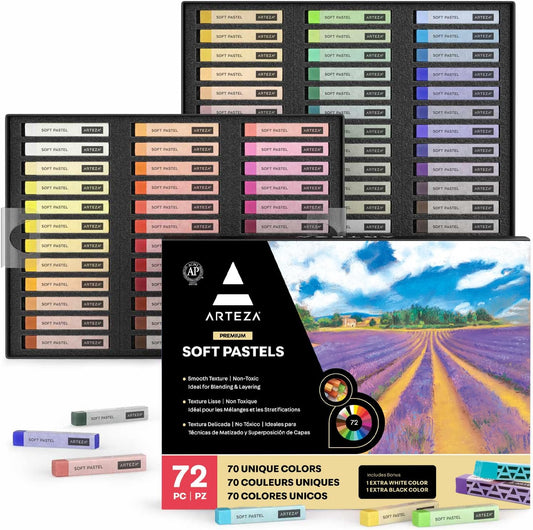 ARTEZA Soft Pastels for Artists, Set of 72 Chalk Pastels for Artists Sticks, Chalk Crayons Art Supplies for Drawing, Blending, Layering, and Shading