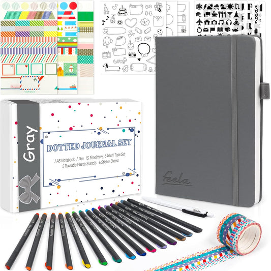 feela Dotted Journal Kit, Dot Grid Journal Hardcover Planner Notebook Set For Beginners Women Girls Note Taking with Journaling Supplies Stencils Stickers Pens Accessories, A5, 224 Pages, Gray