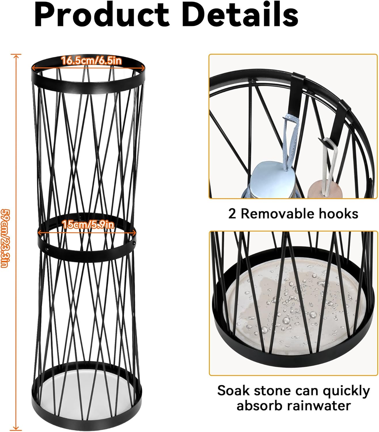 23 Inch Metal Umbrella Holder with Soak Stone and Hooks, Umbrella Stand for Entryway Indoor Outdoor, Umbrella Rack Storage for Home, Office, Hotel