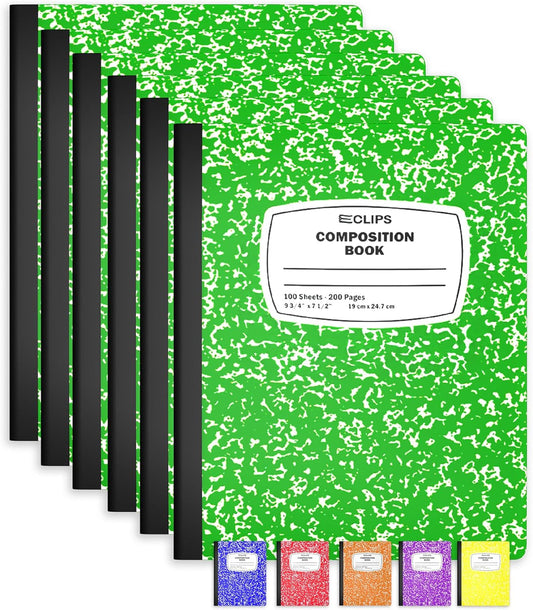 E-CLIPS USA Composition Notebooks, (6 Pack), Wide Ruled Composition Notebook, Marble Composition Notebook, 100 sheets, 200 Pages (6, Green)