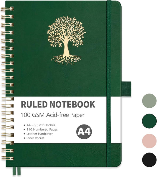 RETTACY Spiral Journal Notebook, 110 Numbered Pages, A4 Large Size (8.5'' x 11''), for Men & Women, Journaling, Writing, Work & Office, Leather Hardcover, 100 GSM Thick Paper (Dark Green)