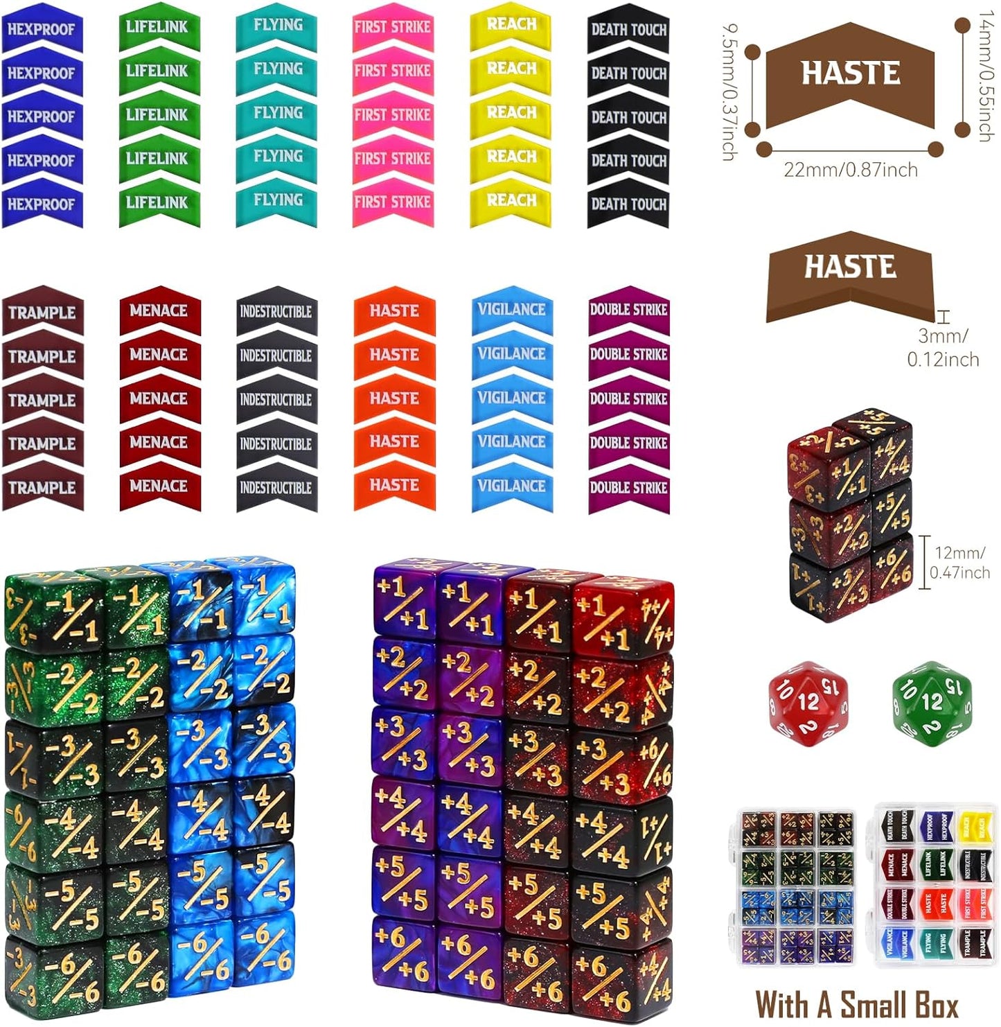 110 Pieces MTG Abilities Keyword Tokens 12mm Dice Counters Set for Magic The Gatering, MTG Life Counter Buff Tokens with Box, Compatible with TCG CCG Magic Card Games Accessories