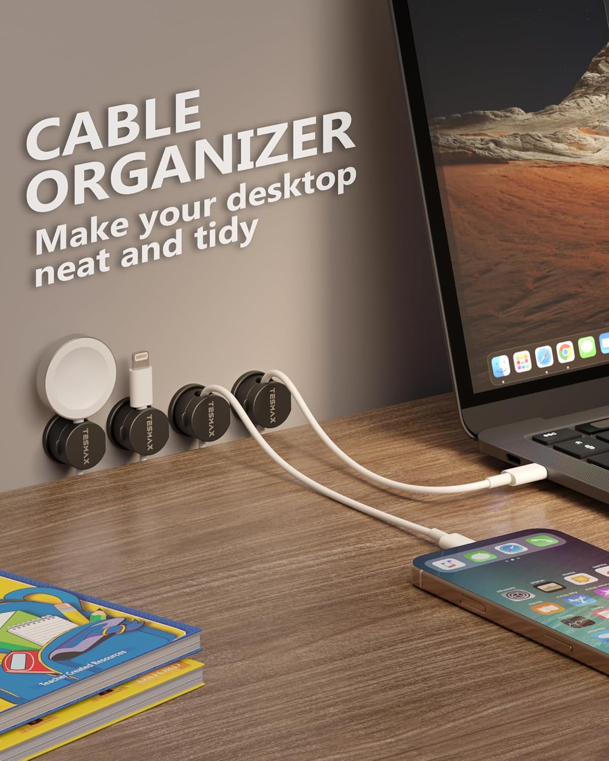 Magnetic Cable Clips 360° Rotation Cord Holder, 6Pack Cord Organizer 1s Lock Cable Smooth Adjustable Desk Organizers and Accessories, Adhesive Cord Clips for Nightstand,Phone,Wall,Car,Home Office