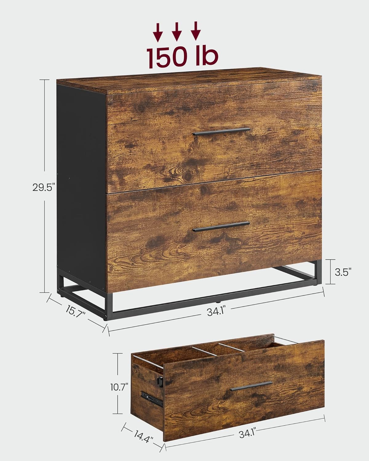 VASAGLE Lateral File Cabinet, Home Office Printer Stand, 2-Drawer Filing Cabinet, with Anti-tip Interlocking Mechanism, for A4, Letter-Size, Legal-Size Hanging Files, Rustic Brown and Ink Black