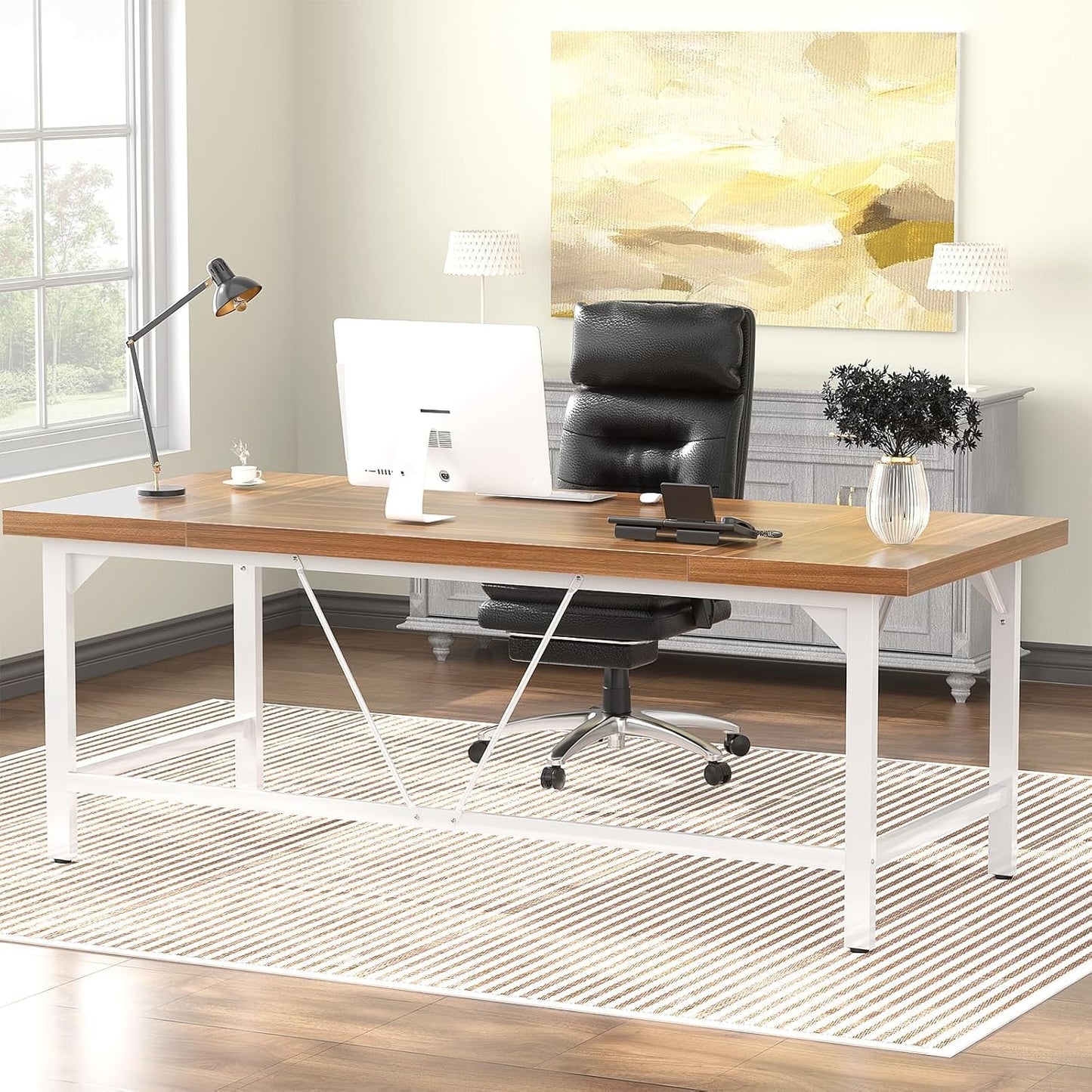 Unikito 70.8 Inch Extra Long Computer Desks, Heavy Duty Large Office Executive Desk, Sturdy 2 Person Desk, Premium Thick Study Writing Table Computer Table for Home Office Workstation, Rustic/White