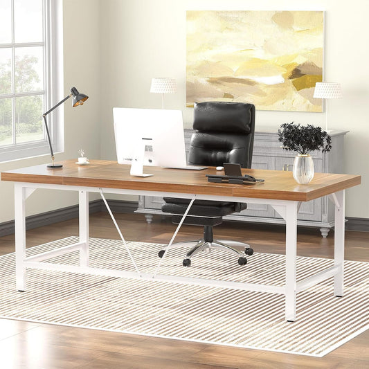 Unikito 70.8 Inch Extra Long Computer Desks, Heavy Duty Large Office Executive Desk, Sturdy 2 Person Desk, Premium Thick Study Writing Table Computer Table for Home Office Workstation, Rustic/White